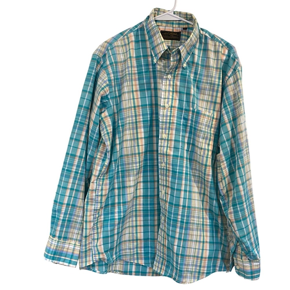 Eddie Bauer Mens Large Teal Orange Plaid Long Sleeve Button Down Shirt Logo